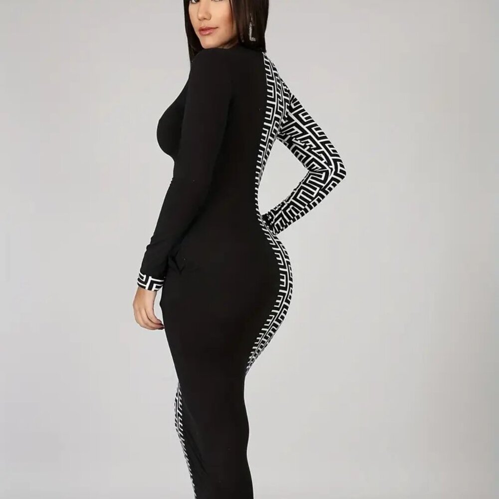 Sexy Black Geo Print Contrast Twist Tie Bodycon Dress W/Slit Size Large